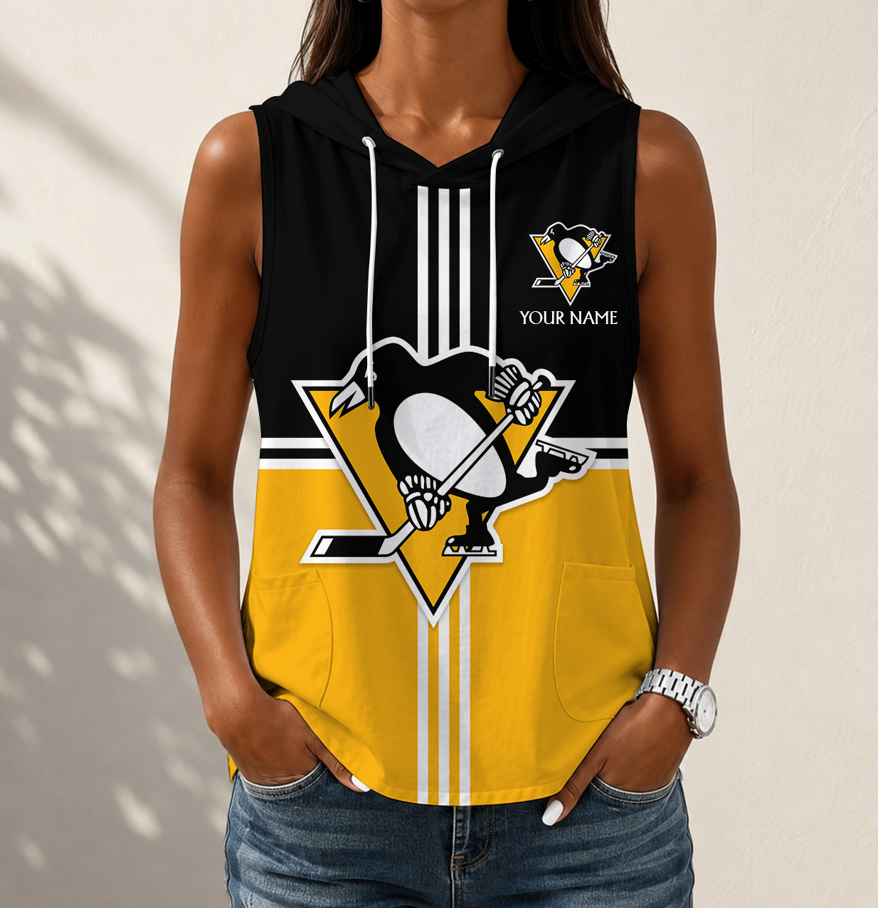 LIMITED EDITION - NEW CUSTOMIZED NHL26 PBP PITTSBURGH PENGUINS WOMEN'S SLEEVELESS HOODED POCKET TANK TOP