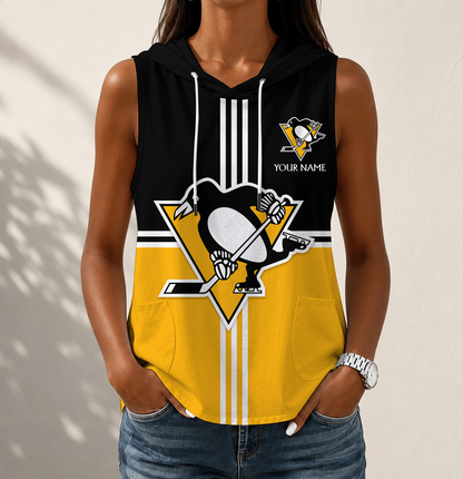 LIMITED EDITION - NEW CUSTOMIZED NHL26 PBP PITTSBURGH PENGUINS WOMEN'S SLEEVELESS HOODED POCKET TANK TOP