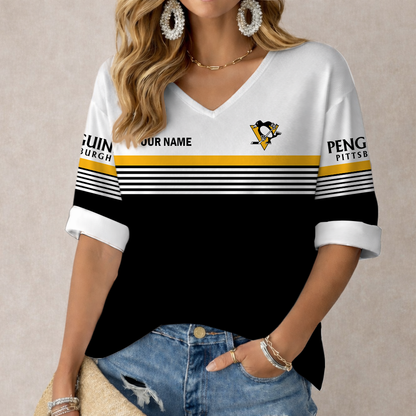 LIMITED EDITION - NEW CUSTOMIZED NHL26 PBP PITTSBURGH PENGUINS WOMEN'S HEART V-NECK LONG SLEEVE SHIRT