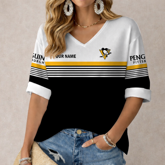 LIMITED EDITION - NEW CUSTOMIZED NHL26 PBP PITTSBURGH PENGUINS WOMEN'S HEART V-NECK LONG SLEEVE SHIRT