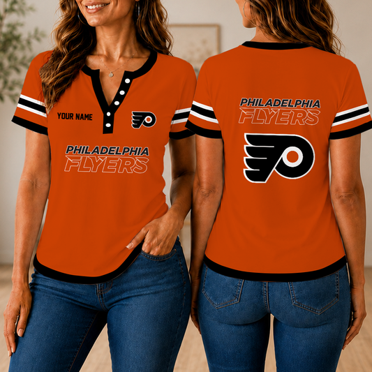 FINAL SALE - NEW CUSTOMIZED NHL27 PPF PHILADELPHIA FLYERS WOMEN'S SHORT SLEEVE HENLEY T-SHIRT
