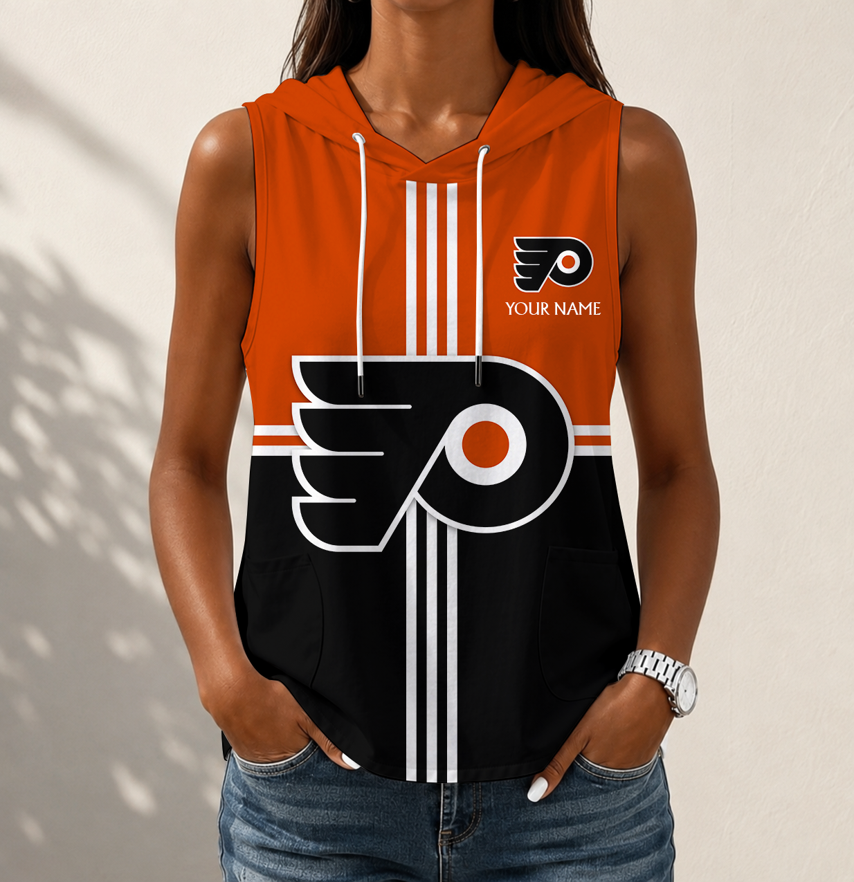 LIMITED EDITION - NEW CUSTOMIZED NHL27 PPF PHILADELPHIA FLYERS WOMEN'S SLEEVELESS HOODED POCKET TANK TOP