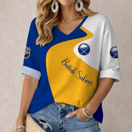FLASH SALE - NEW CUSTOMIZED NHL28 BFS BUFFALO SABRES WOMEN'S V-NECK LONG SLEEVE SHIRT