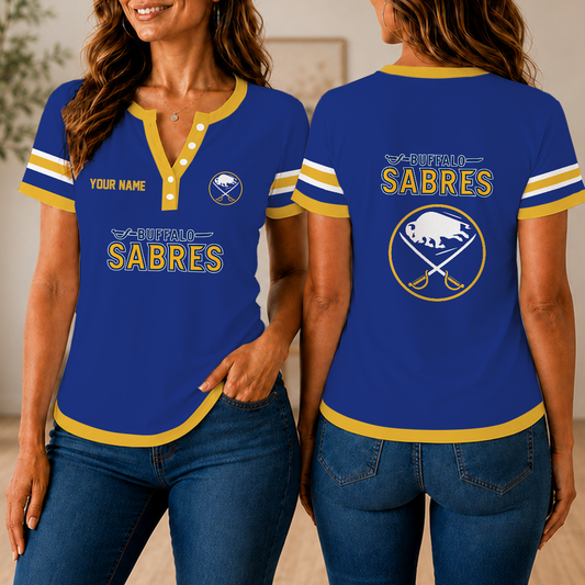 FINAL SALE - NEW CUSTOMIZED NHL28 BFS BUFFALO SABRES WOMEN'S SHORT SLEEVE HENLEY T-SHIRT