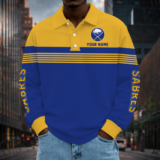 LIMITED EDITION - NEW CUSTOMIZED NHL28 BFS BUFFALO SABRES MEN LONG SLEEVE POLO