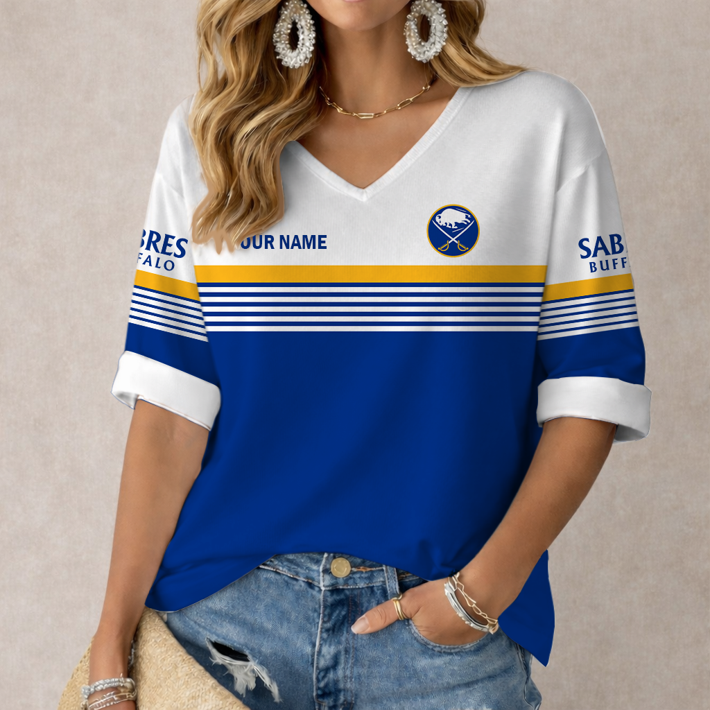 LIMITED EDITION - NEW CUSTOMIZED NHL28 BFS BUFFALO SABRES WOMEN'S HEART V-NECK LONG SLEEVE SHIRT