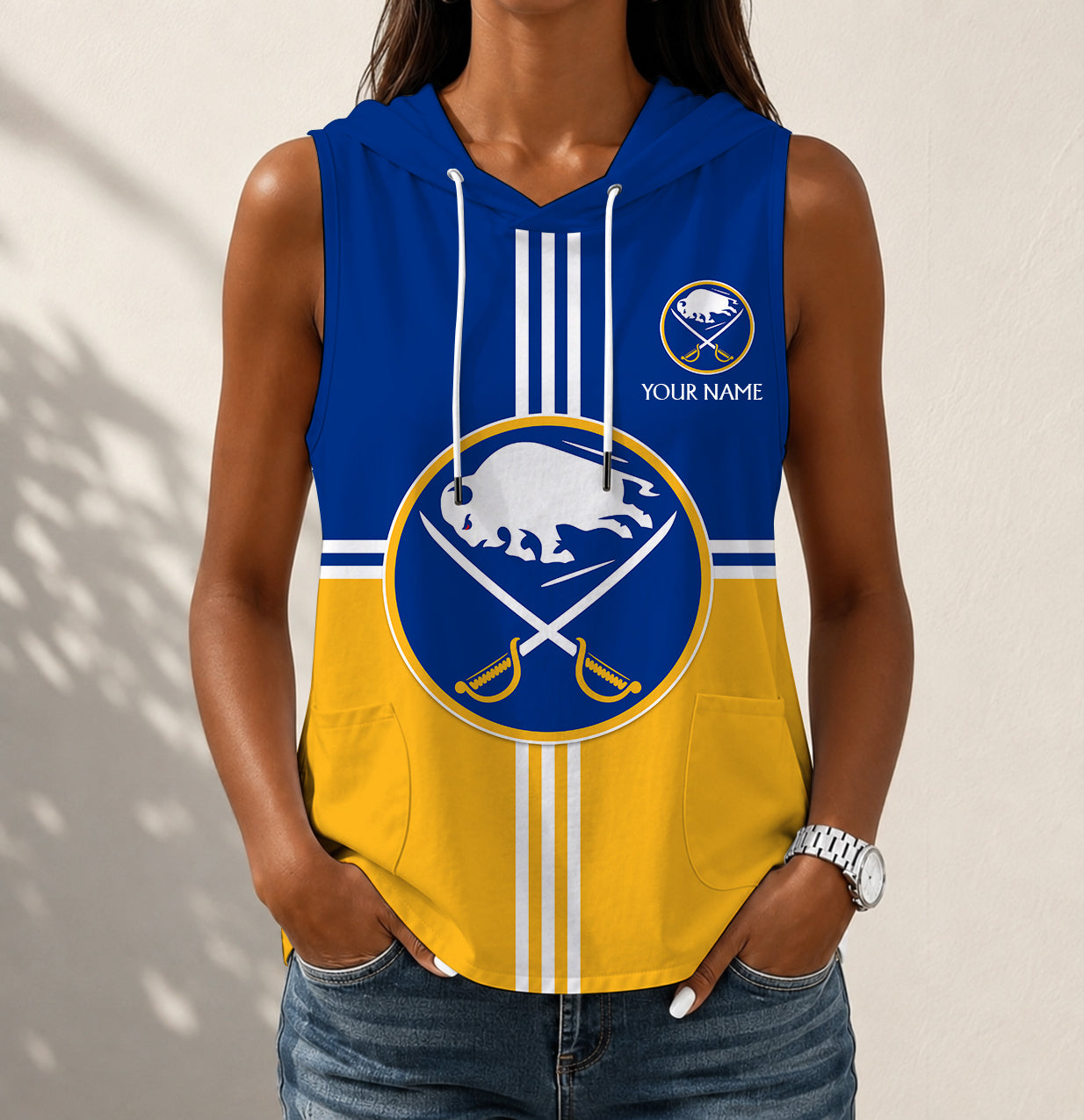 LIMITED EDITION - NEW CUSTOMIZED NHL28 BFS BUFFALO SABRES WOMEN'S SLEEVELESS HOODED POCKET TANK TOP