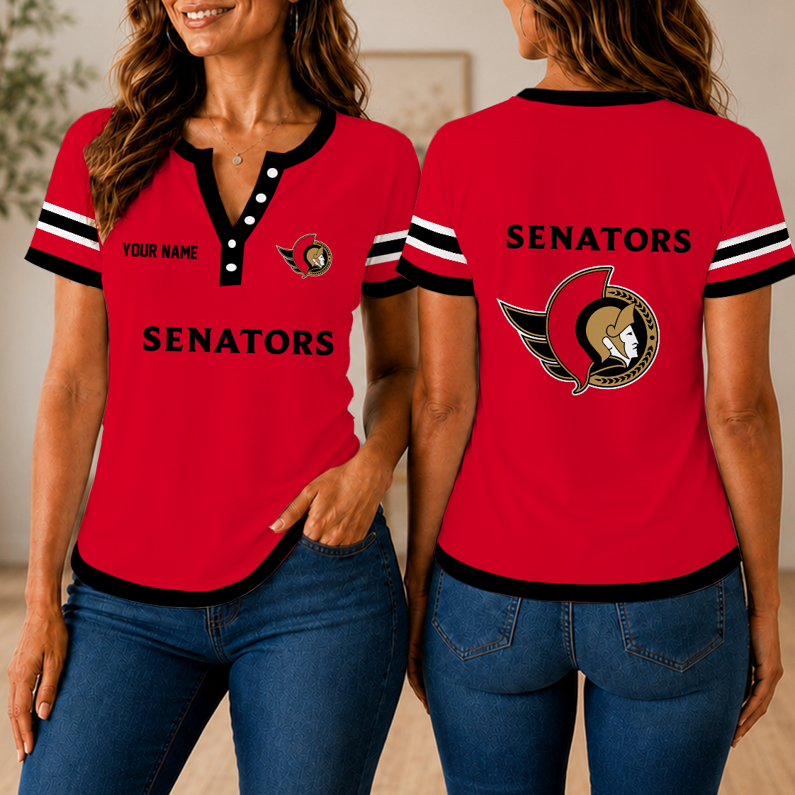 FINAL SALE - NEW CUSTOMIZED NHL29 OSN OTTAWA SENATORS WOMEN'S SHORT SLEEVE HENLEY T-SHIRT