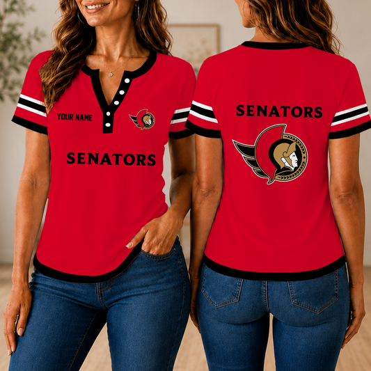 FINAL SALE - NEW CUSTOMIZED NHL29 OSN OTTAWA SENATORS WOMEN'S SHORT SLEEVE HENLEY T-SHIRT