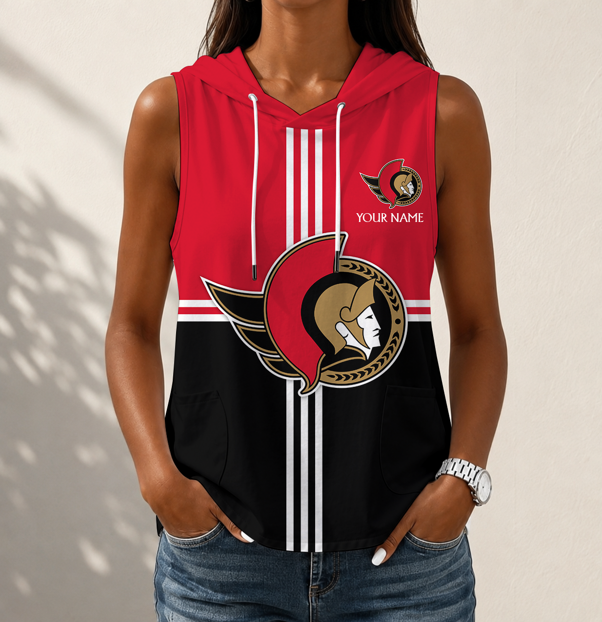 LIMITED EDITION - NEW CUSTOMIZED NHL29 OSN OTTAWA SENATORS WOMEN'S SLEEVELESS HOODED POCKET TANK TOP