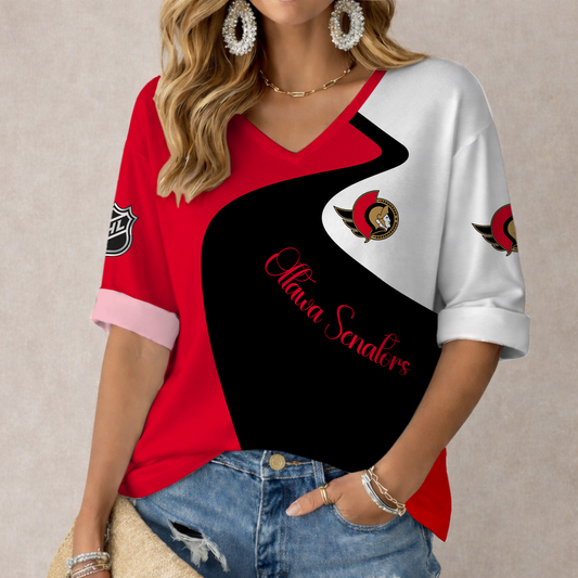 FLASH SALE - NEW CUSTOMIZED NHL29 OSN OTTAWA SENATORS WOMEN'S V-NECK LONG SLEEVE SHIRT