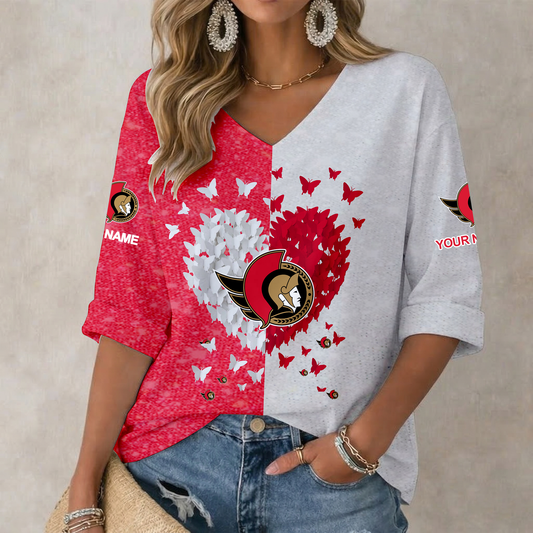 LIMITED EDITION - NEW CUSTOMIZED NHL29 OSN OTTAWA SENATORS WOMEN'S HEART V-NECK LONG SLEEVE SHIRT
