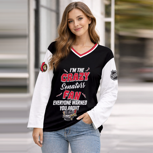 LIMITED EDITION - NEW CUSTOMIZED NHL29 OSN OTTAWA SENATORS WOMEN'S HEART V-NECK LONG SLEEVE SHIRT