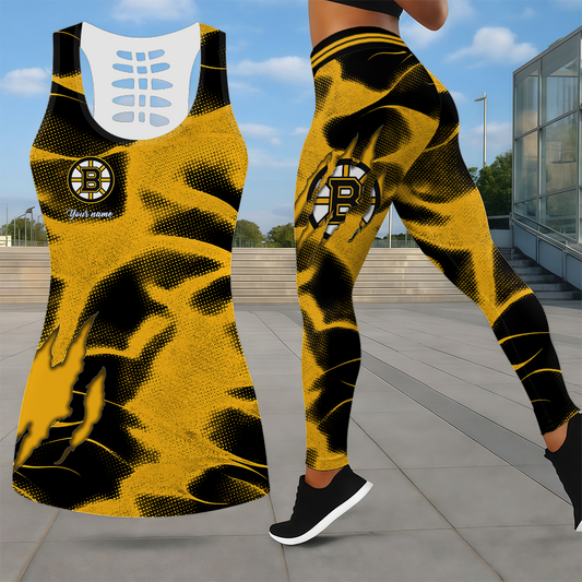 LIMITED EDITION - NEW CUSTOMIZED NHL02 BTB BOSTON BRUINS LEGGINGS & HOLLOW TANK TOP SET