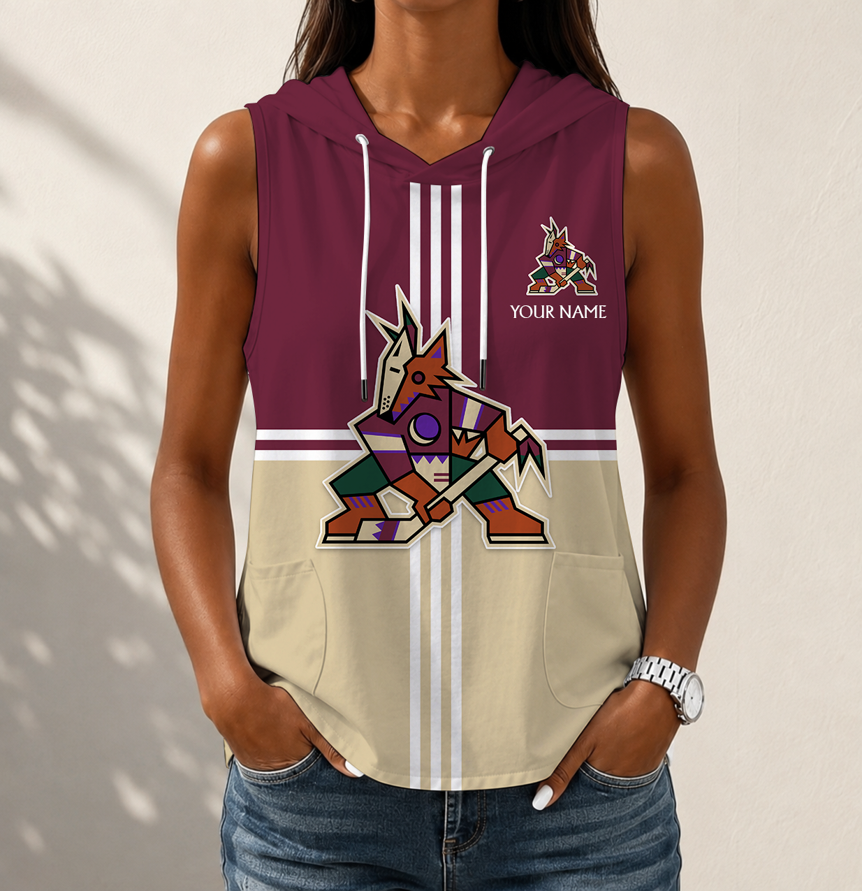 LIMITED EDITION - NEW CUSTOMIZED NHL30 AZC ARIZONA COYOTES WOMEN'S SLEEVELESS HOODED POCKET TANK TOP