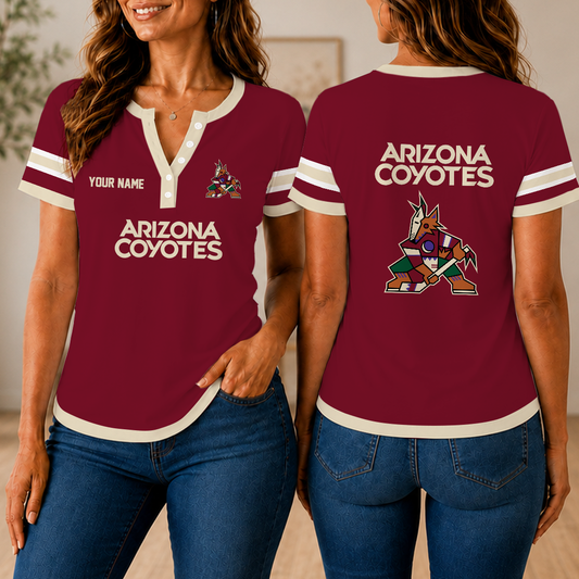 FINAL SALE - NEW CUSTOMIZED NHL30 AZC ARIZONA COYOTES WOMEN'S SHORT SLEEVE HENLEY T-SHIRT