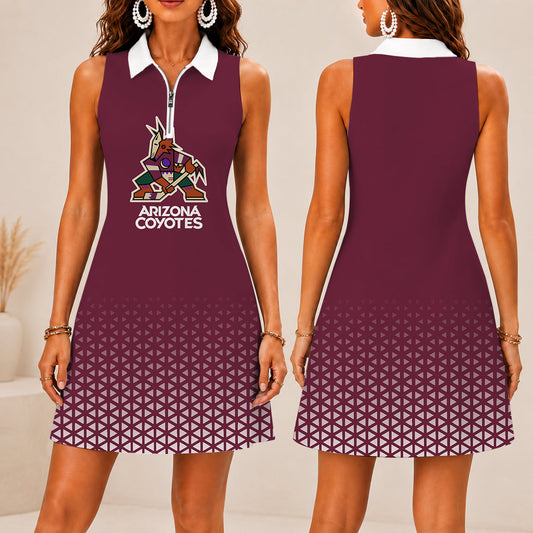 FLASH SALE - NEW CUSTOMIZED NHL30 AZC ARIZONA COYOTES WOMEN'S ZIP SLEEVELESS POLO DRESS