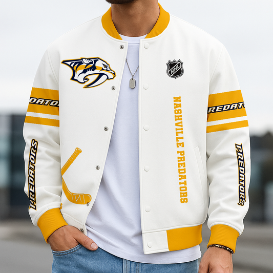 LIMITED EDITION - NEW CUSTOMIZED NHL31 NVP NASHVILLE PREDATORS BASEBALL JACKET, SATIN VARSITY JACKET