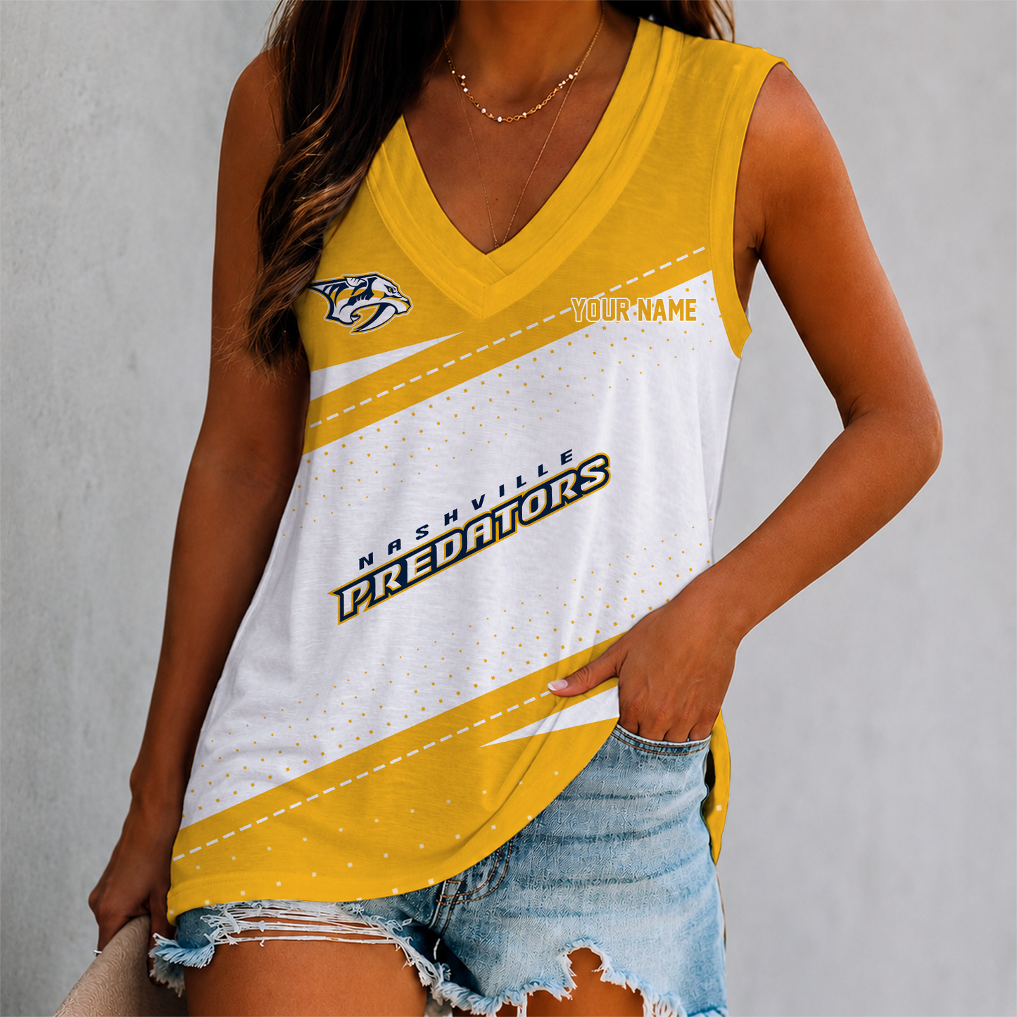 FINAL SALE - NEW CUSTOMIZED NHL31 NVP NASHVILLE PREDATORS WOMEN'S V-NECK TANK TOP