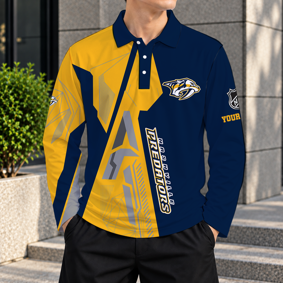 SPECIAL EDITION - NEW CUSTOMIZED NHL31 NVP NASHVILLE PREDATORS MEN LONG SLEEVE POLO