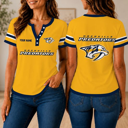 FINAL SALE - NEW CUSTOMIZED NHL31 NVP NASHVILLE PREDATORS WOMEN'S SHORT SLEEVE HENLEY T-SHIRT
