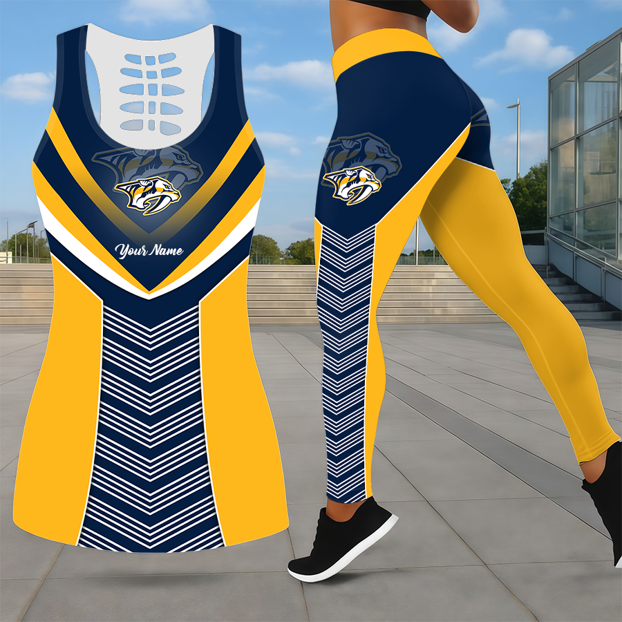 SPECIAL EDITION - NEW CUSTOMIZED NHL31 NVP NASHVILLE PREDATORS LEGGINGS & HOLLOW TANK TOP SET