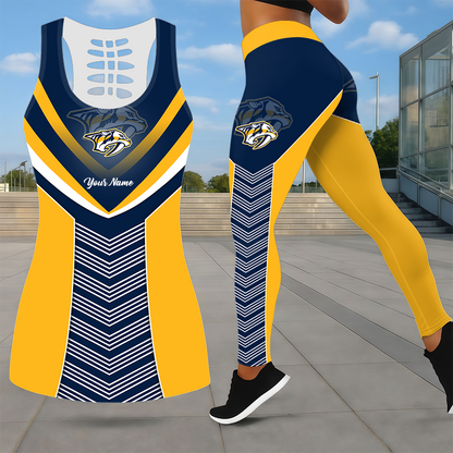 SPECIAL EDITION - NEW CUSTOMIZED NHL31 NVP NASHVILLE PREDATORS LEGGINGS & HOLLOW TANK TOP SET