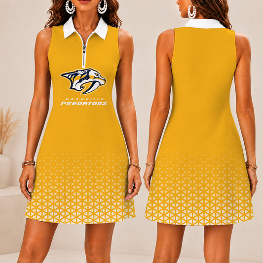 FLASH SALE - NEW CUSTOMIZED NHL31 NVP NASHVILLE PREDATORS WOMEN'S ZIP SLEEVELESS POLO DRESS