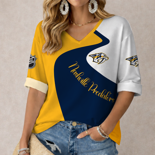 FLASH SALE - NEW CUSTOMIZED NHL31 NVP NASHVILLE PREDATORS WOMEN'S V-NECK LONG SLEEVE SHIRT