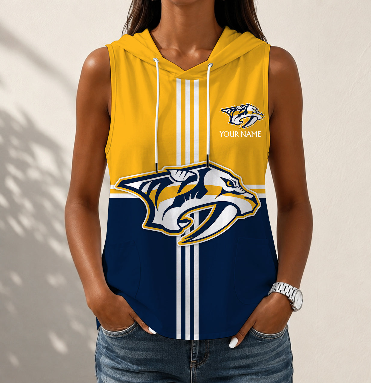 LIMITED EDITION - NEW CUSTOMIZED NHL31 NVP NASHVILLE PREDATORS WOMEN'S SLEEVELESS HOODED POCKET TANK TOP