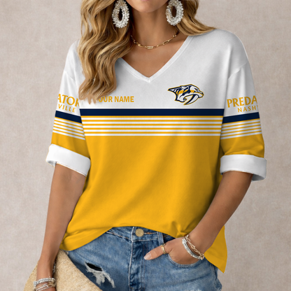 LIMITED EDITION - NEW CUSTOMIZED NHL31 NVP NASHVILLE PREDATORS WOMEN'S HEART V-NECK LONG SLEEVE SHIRT