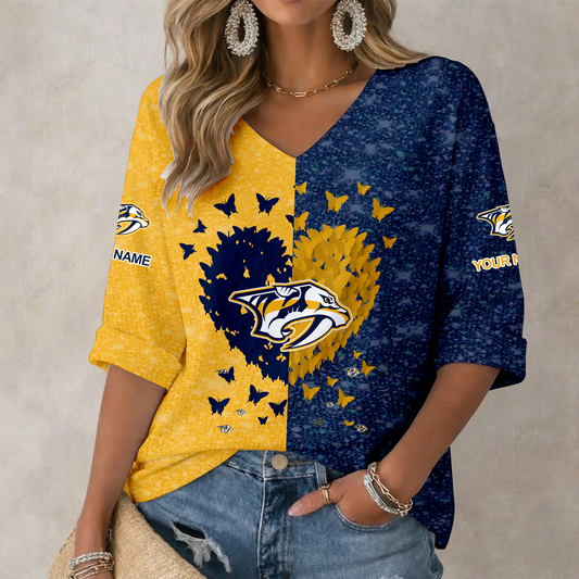LIMITED EDITION - NEW CUSTOMIZED NHL31 NVP NASHVILLE PREDATORS WOMEN'S HEART V-NECK LONG SLEEVE SHIRT