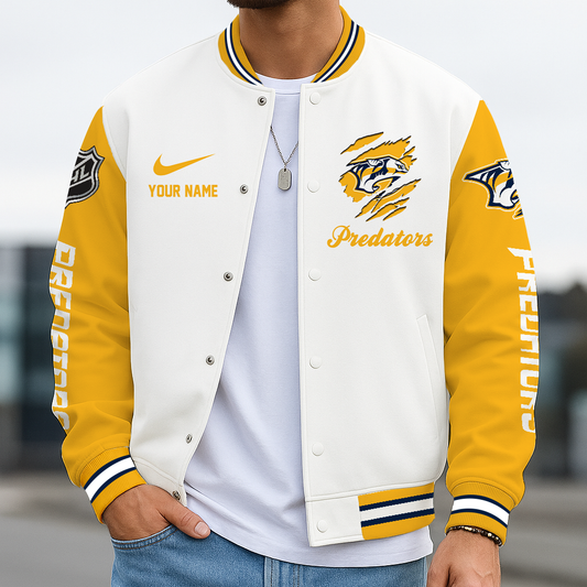 LIMITED EDITION - NEW CUSTOMIZED NHL31 NVP NASHVILLE PREDATORS BASEBALL JACKET, SATIN VARSITY JACKET