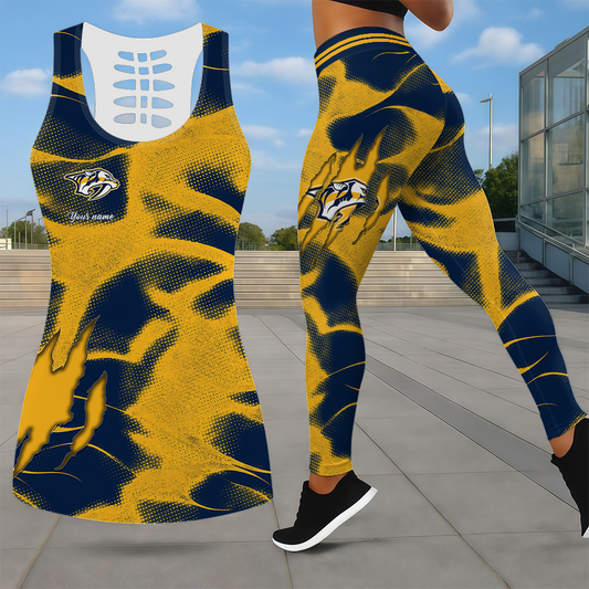 LIMITED EDITION - NEW CUSTOMIZED NHL31 NVP NASHVILLE PREDATORS LEGGINGS & HOLLOW TANK TOP SET
