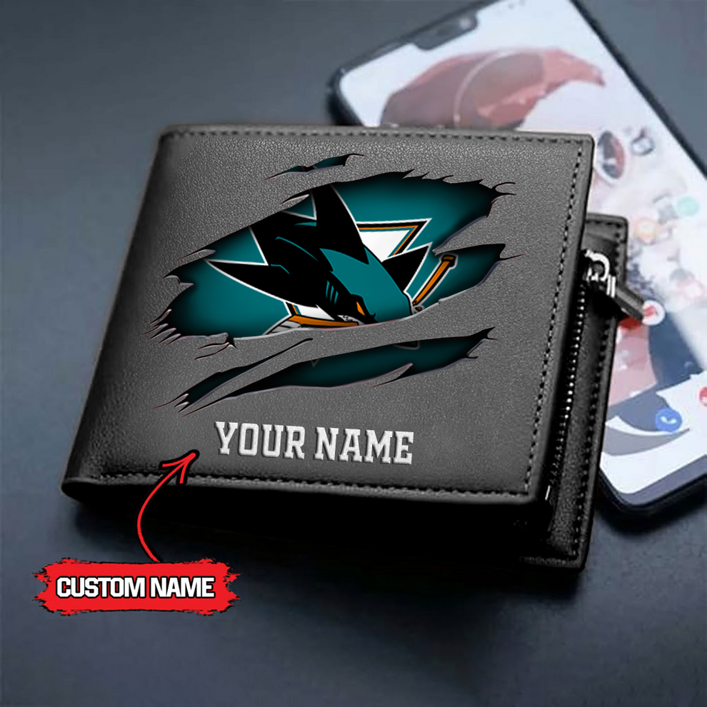 LIMITED EDITION - NEW CUSTOMIZED NHL32 SJS SAN JOSE SHARKS LEATHER WALLET
