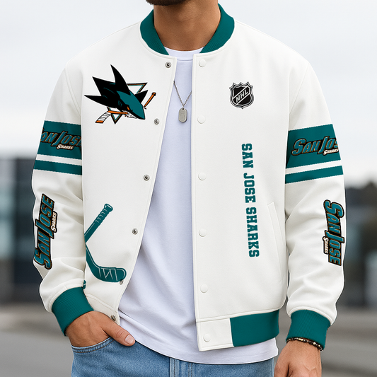 LIMITED EDITION - NEW CUSTOMIZED NHL32 SJS SAN JOSE SHARKS BASEBALL JACKET, SATIN VARSITY JACKET