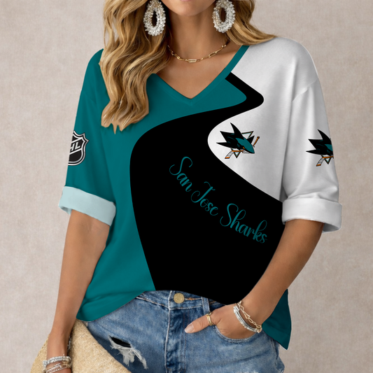 FLASH SALE - NEW CUSTOMIZED NHL32 SJS SAN JOSE SHARKS WOMEN'S V-NECK LONG SLEEVE SHIRT