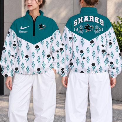 LIMITED EDITION - NEW CUSTOMIZED NHL32 SJS SAN JOSE SHARKS V-NECK ZIPPER SWEATSHIRT JACKET