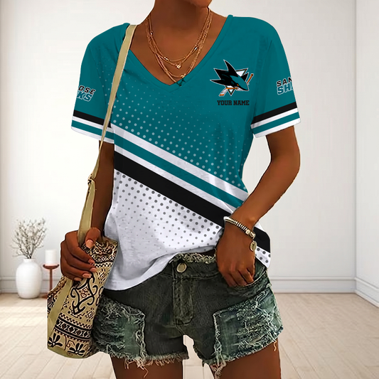 LIMITED EDITION - NEW CUSTOMIZED NHL32 SJS SAN JOSE SHARKS V-NECK FEMALE SHIRT