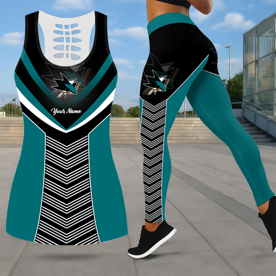 SPECIAL EDITION - NEW CUSTOMIZED NHL32 SJS SAN JOSE SHARKS LEGGINGS & HOLLOW TANK TOP SET