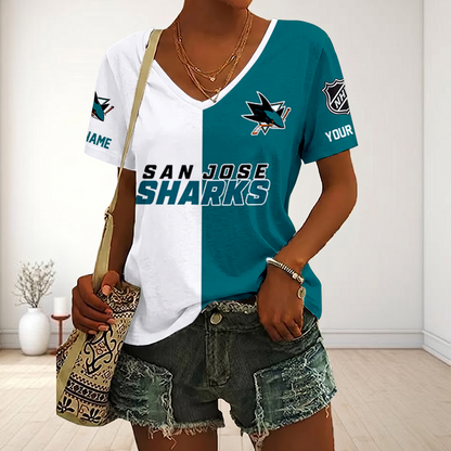 LIMITED EDITION - NEW CUSTOMIZED NHL32 SJS SAN JOSE SHARKS V-NECK FEMALE SHIRT