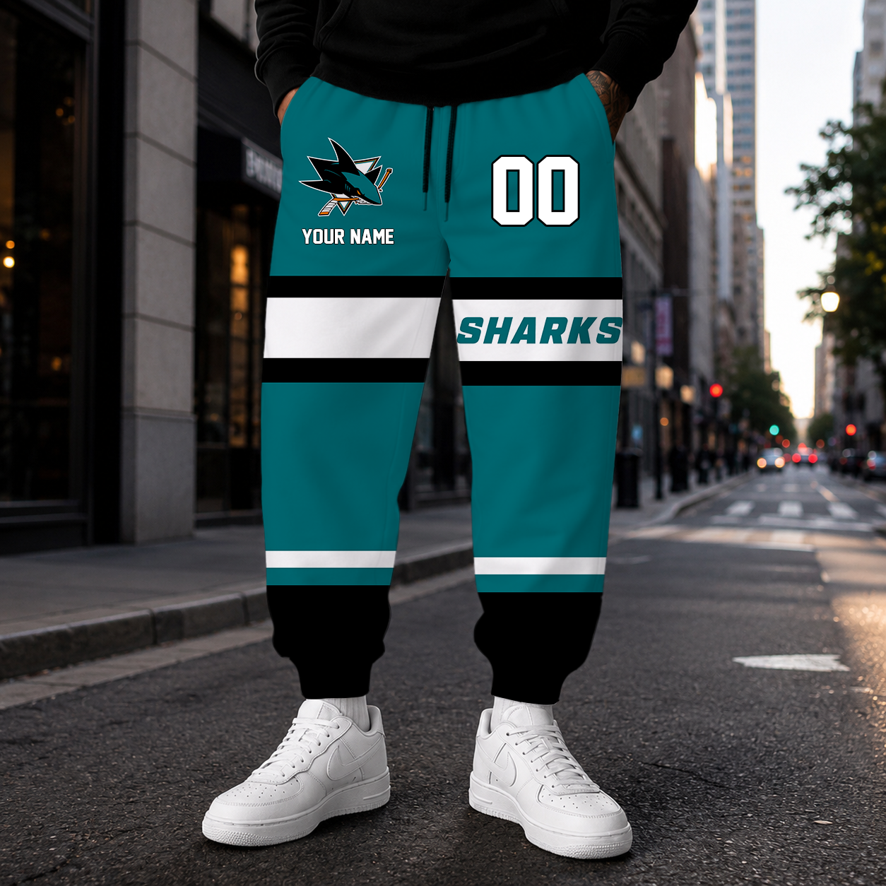 HOT DEAL - NEW CUSTOMIZED NHL32 SJS SAN JOSE SHARKS SWEATPANTS