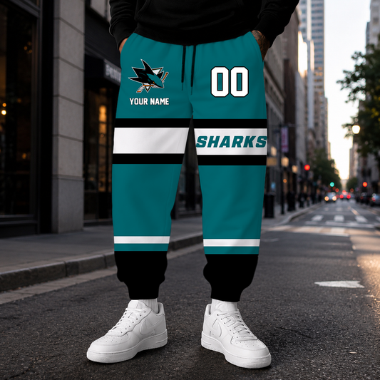 HOT DEAL - NEW CUSTOMIZED NHL32 SJS SAN JOSE SHARKS SWEATPANTS