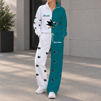 SPECIAL EDITION - NEW CUSTOMIZED NHL32 SJS SAN JOSE SHARKS ZIPPER SWEATSHIRT & WIDE LEG PANTS SET