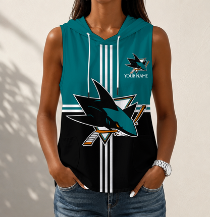 LIMITED EDITION - NEW CUSTOMIZED NHL32 SJS SAN JOSE SHARKS WOMEN'S SLEEVELESS HOODED POCKET TANK TOP