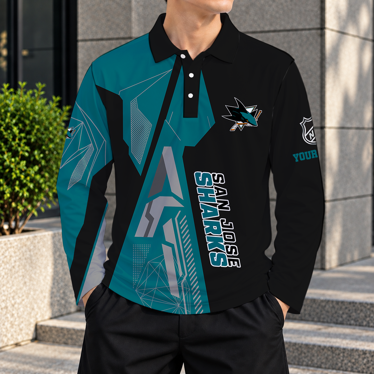 SPECIAL EDITION - NEW CUSTOMIZED NHL32 SJS SAN JOSE SHARKS MEN LONG SLEEVE POLO