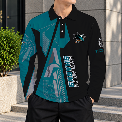 SPECIAL EDITION - NEW CUSTOMIZED NHL32 SJS SAN JOSE SHARKS MEN LONG SLEEVE POLO