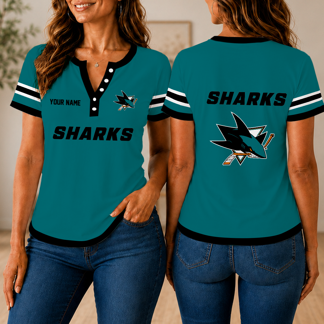 FINAL SALE - NEW CUSTOMIZED NHL32 SJS SAN JOSE SHARKS WOMEN'S SHORT SLEEVE HENLEY T-SHIRT