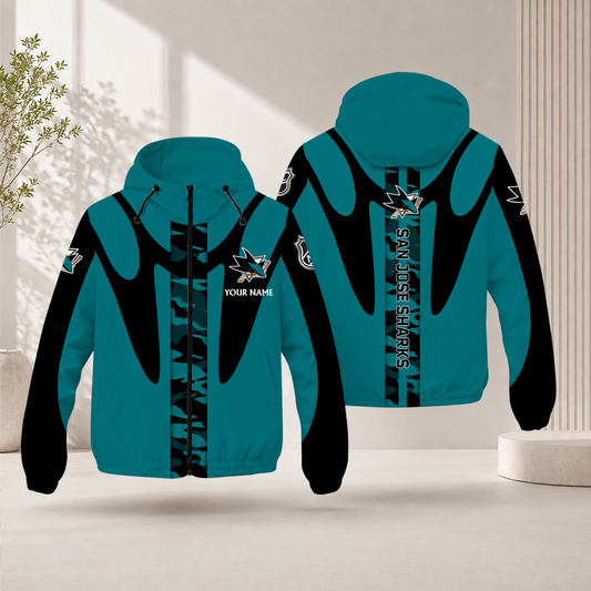 LIMITED EDITION - NEW CUSTOMIZED NHL32 SJS SAN JOSE SHARKS WINDBREAKER JACKET