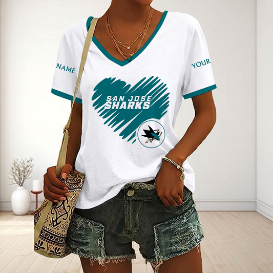 FINAL SALE - NEW CUSTOMIZED NHL32 SJS SAN JOSE SHARKS V-NECK FEMALE SHIRT